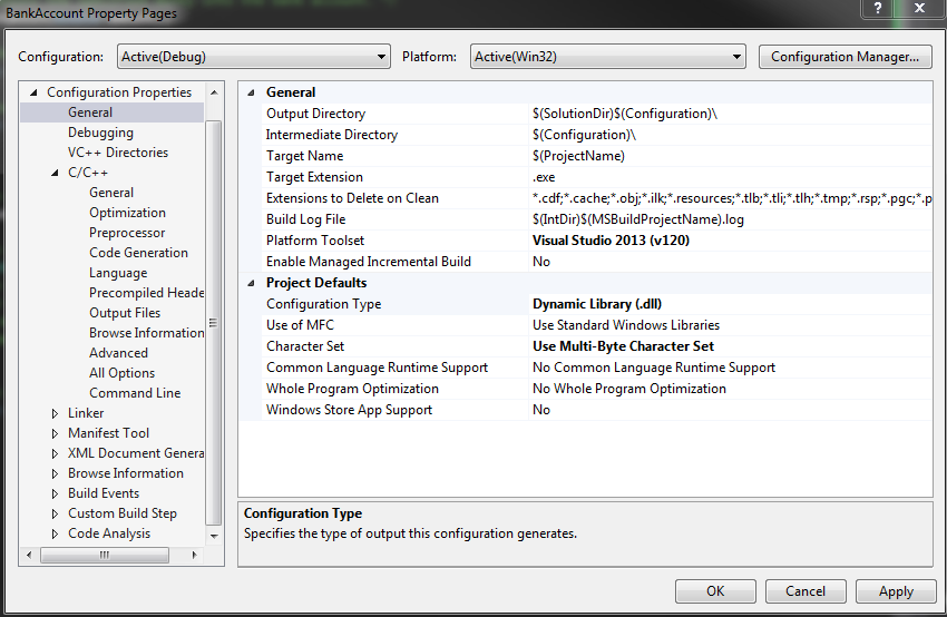 This picture shows the Microsoft Visual Studio 2013 Project Properties Menu, in which the Configuration>General menu item is selected.  The project's Configuration Type is set to Dynamic Library.
